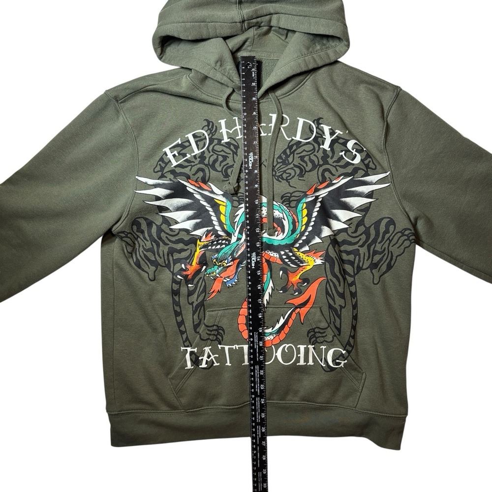 Ed Hardy Dragon Tiger Tattoing Sweatshirt Hoodie Green Men's Large - Picture 7 of 8
